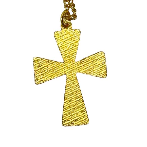 Cross Pendant on Gold Tone Chain Blue and Orange - Picture 3 of 4